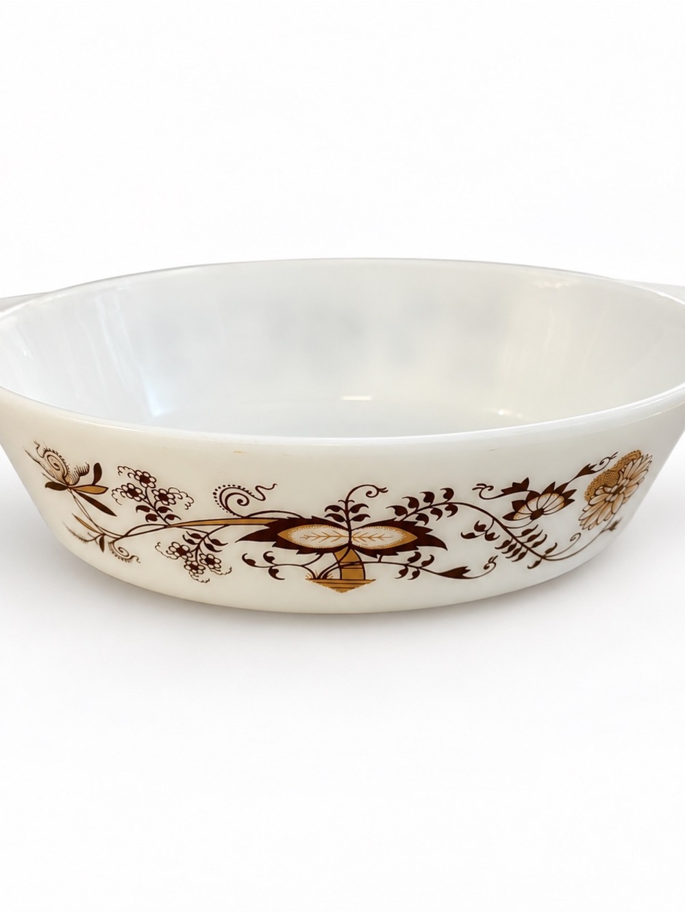Pyrex White Milk Glass Serving Bowl with Brown & Gold Floral Motif